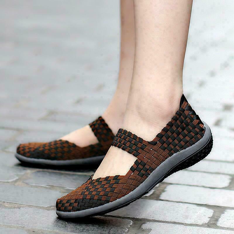 Women Slip On Walking Shoes Woven Elastic Mary Jane Flat Lightweight Fashion