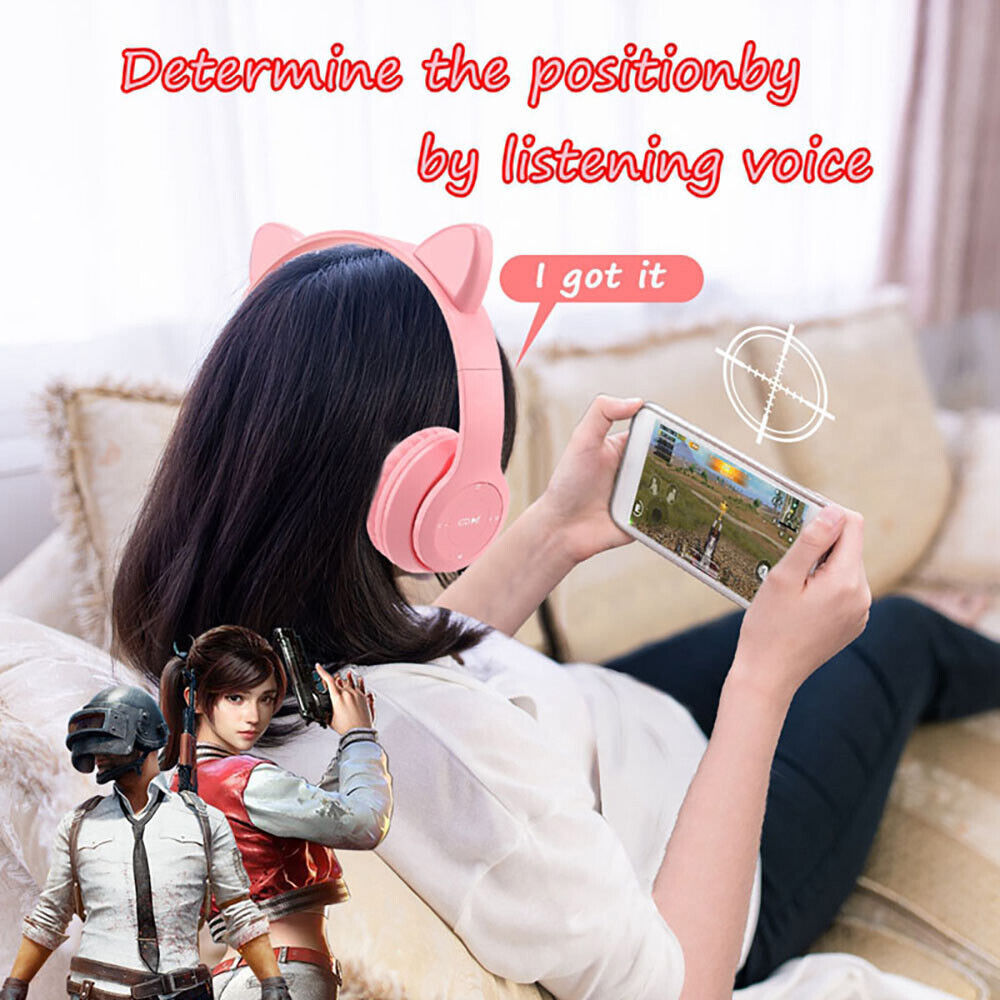 Bluetooth 5.0 Wireless Cat Rabbit Ear Headsets LED Headphones For Kids Girls Boy