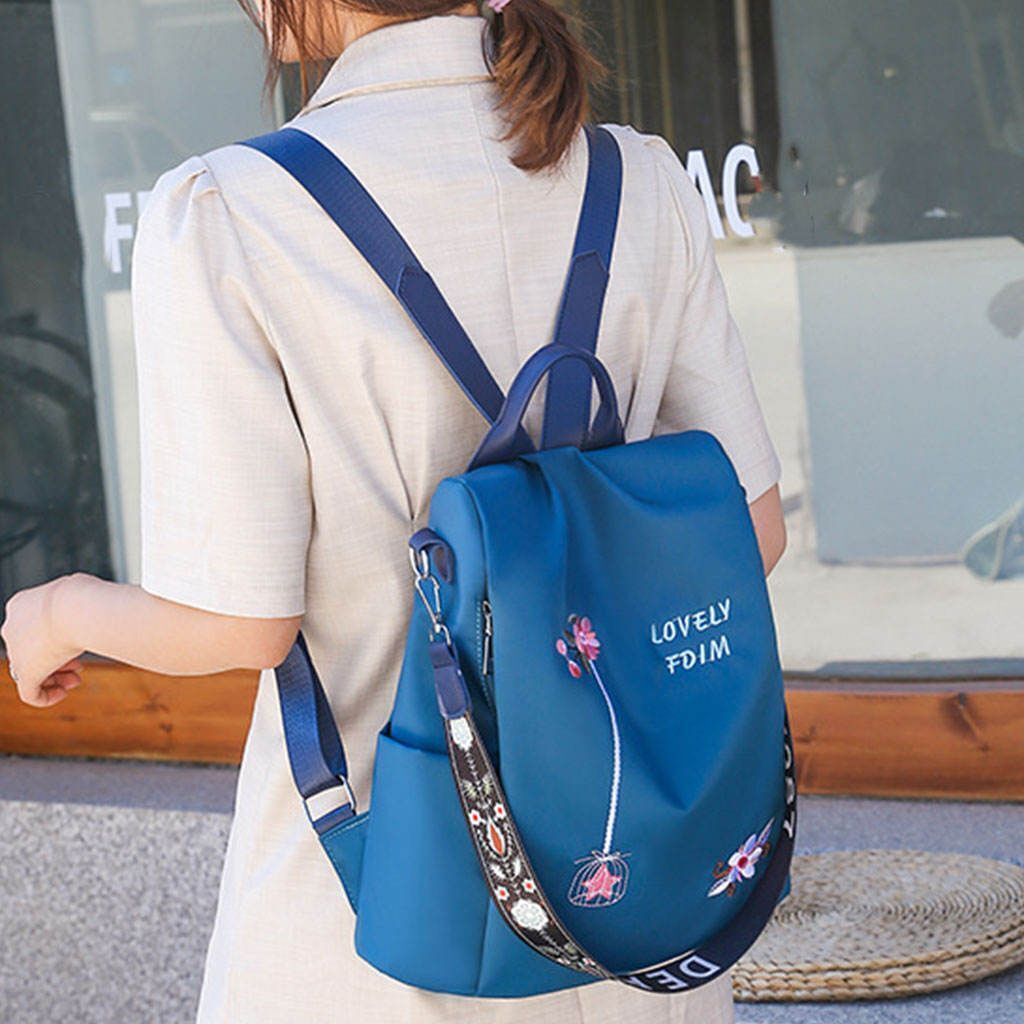 Nylon Backpack Flower Embroidered Shoulder School Book Bags Traveling Anti-Theft