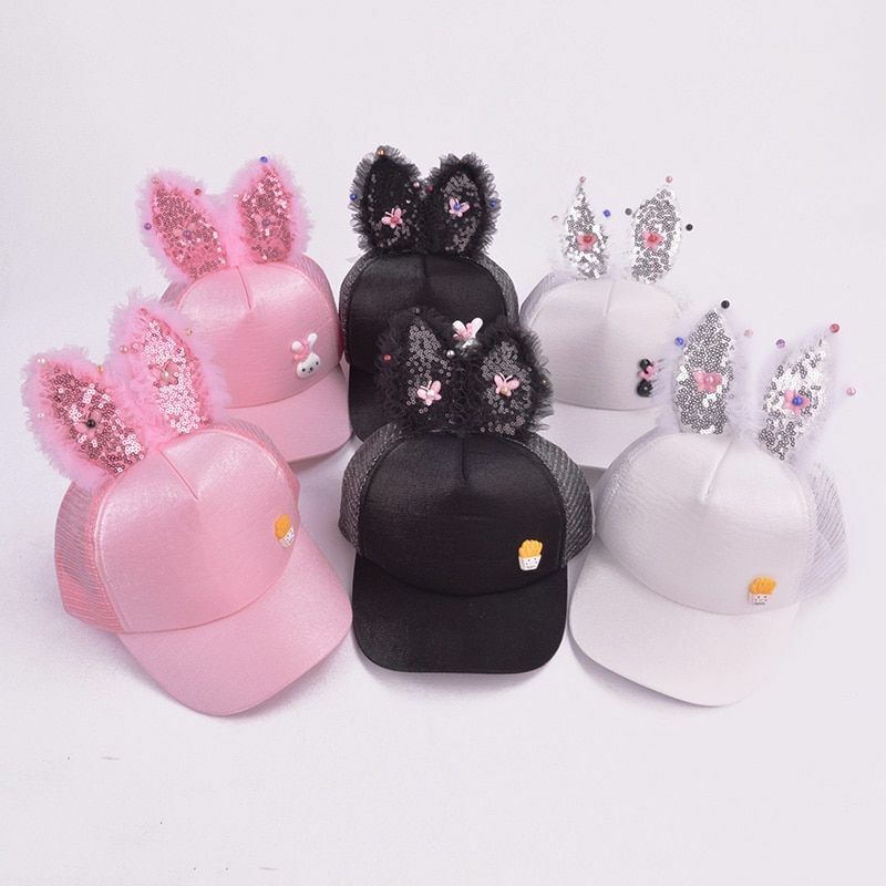 Baby Hats Spring Summer Girl Baseball Caps Glitter Rabbit Ear Pearl Sun Children