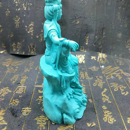 5.5" Turquoise Guanyin Buddhist Figure Statue Stone Decorations Home Design