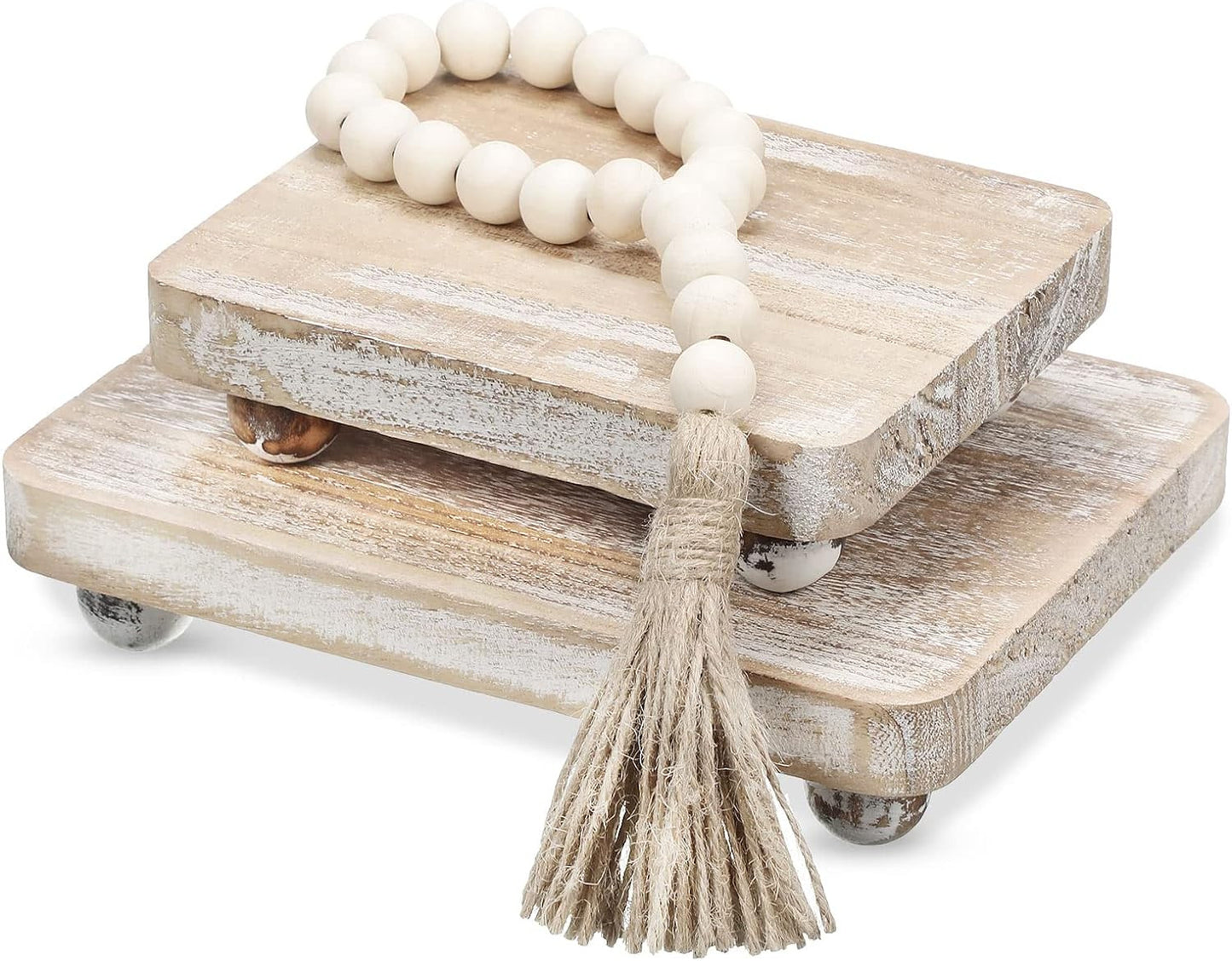 Wood Bead Garland and Wooden Risers Set Farmhouse Vintage Rustic Stand 3 Pieces