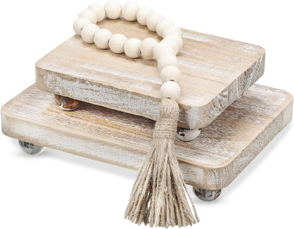 Wood Bead Garland and Wooden Risers Set Farmhouse Vintage Rustic Stand 3 Pieces