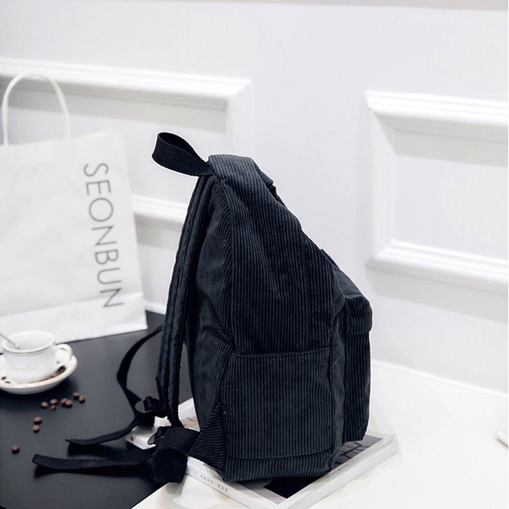 Corduroy Backpack School Travelling Shoulder Bag Softback Cotton Blue 25*12*36CM