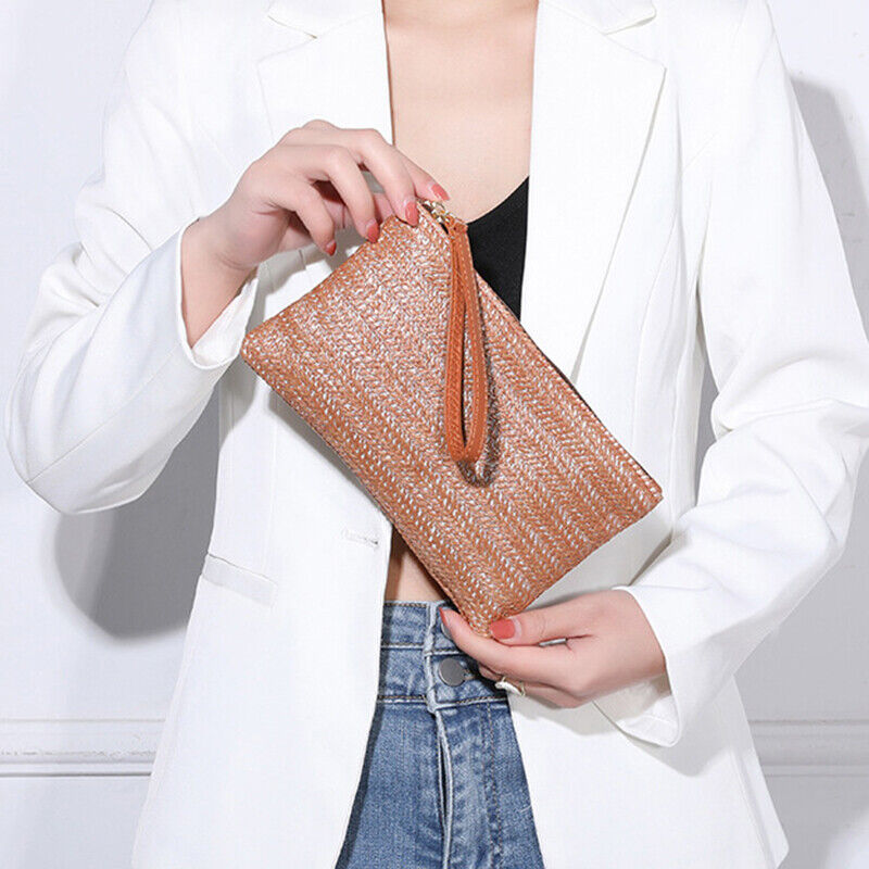 Envelope Wallet Coin Purse Straw Clutch Purse Woven Bag Beach Handbag Zipper ⌒