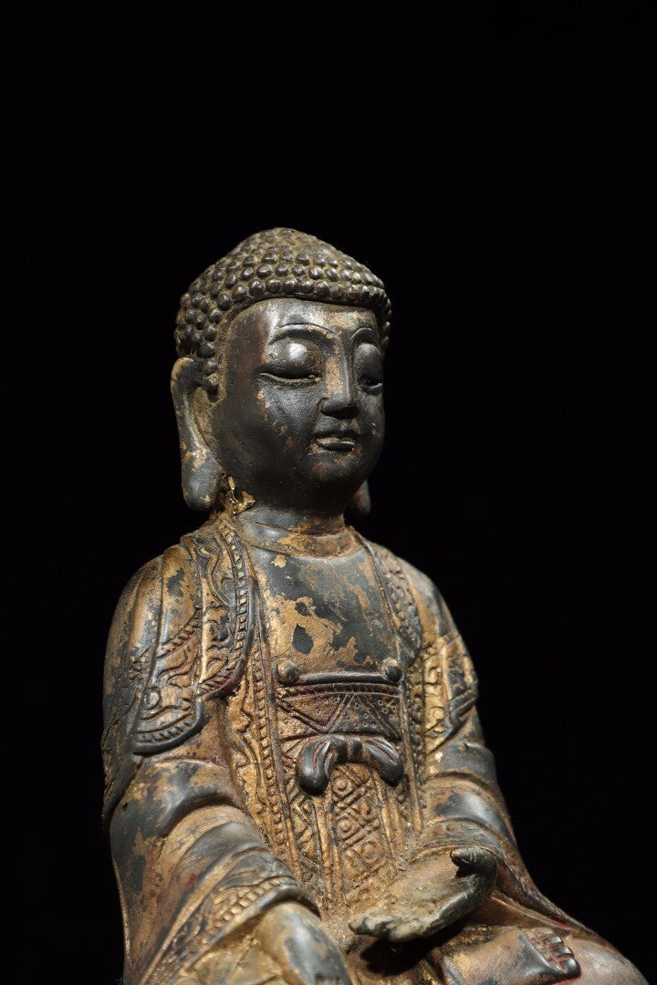 10" Old Antique Tibet Tibetan Buddhism Temple Bronze Gilt Amitabha Buddha Statue