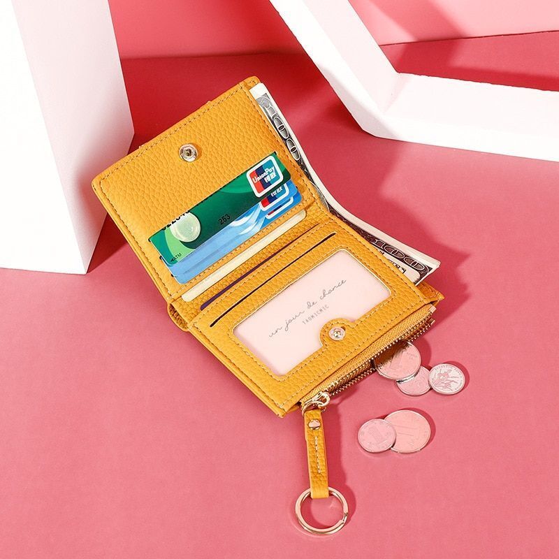 Yellow Wallet Soft Leather Purse Card Coin Holder Small Bag Zipper Keychain Tool