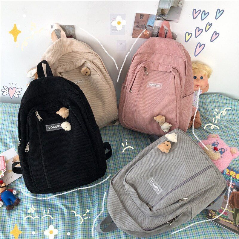 Stripe Corduroy Woman Backpack Schoolbag Fashion Bag Student Book Pack Polyester