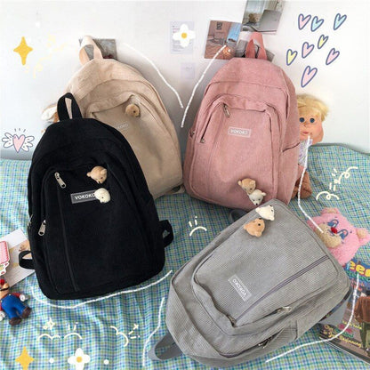 Stripe Corduroy Woman Backpack Schoolbag Fashion Bag Student Book Pack Polyester