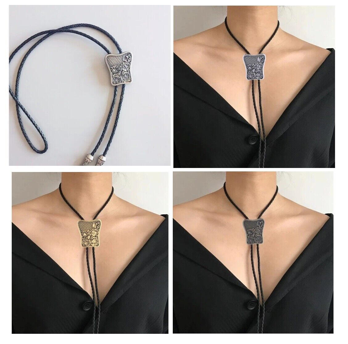 Men Bolo Tie Western Style Leather Chain Carving Pattern Pendant Necktie 4x106cm
