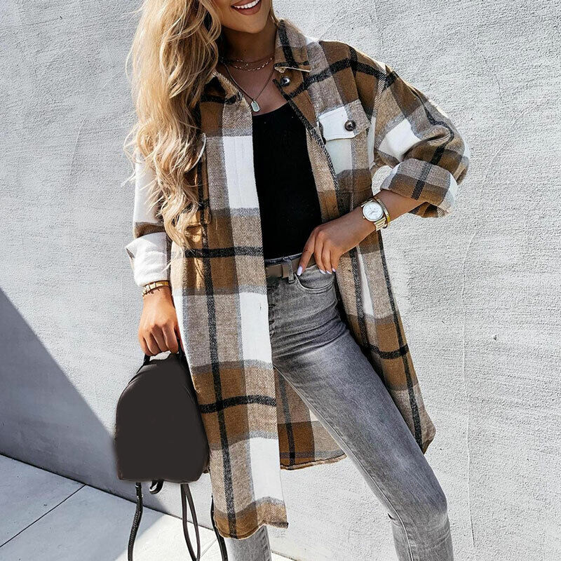 Women's Check Plaid Jacket Shacket Top Oversize Button Baggy Long Shirt Coat