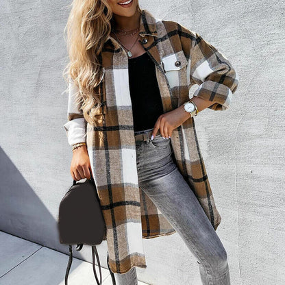 Women's Check Plaid Jacket Shacket Top Oversize Button Baggy Long Shirt Coat