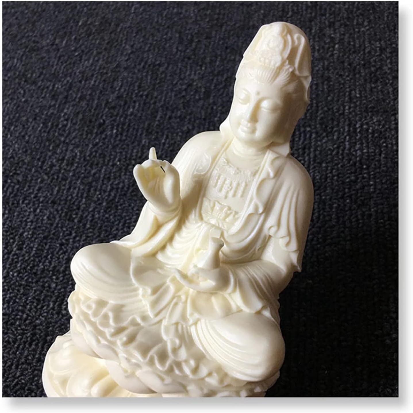 Guan Yin Buddha Statue on Lotus | White Quanyin Sculpture for Home Office Decor