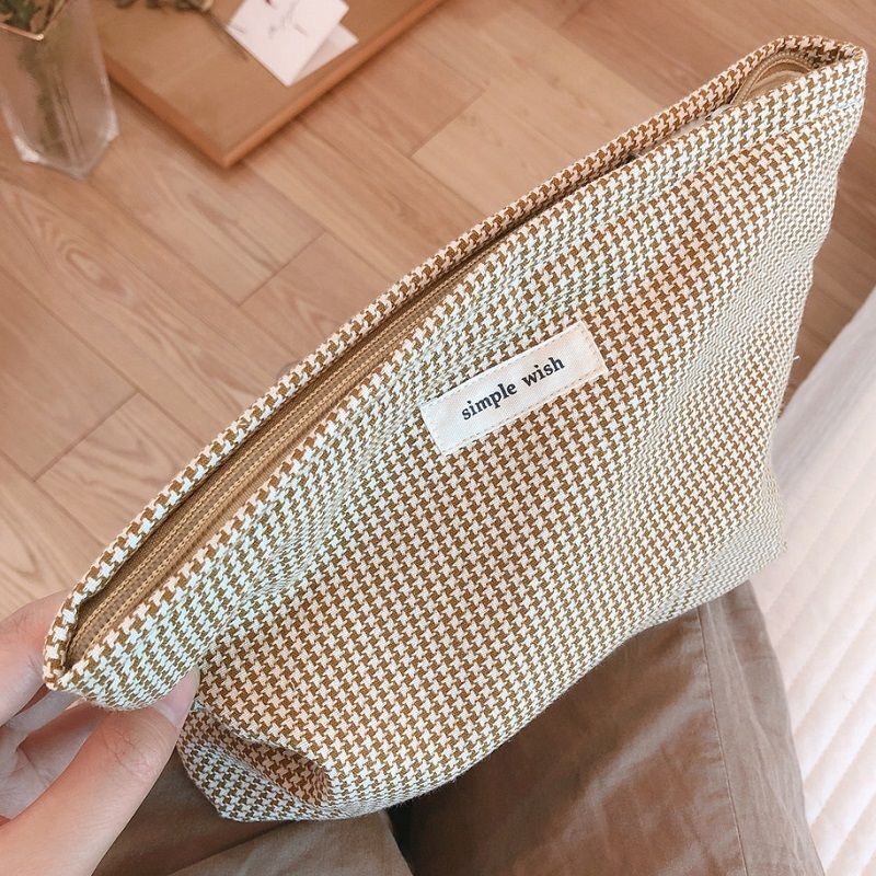 Makeup Cosmetic Bag Cotton Plaid Organizer Large Beauty Brushes Storage Case 1PC