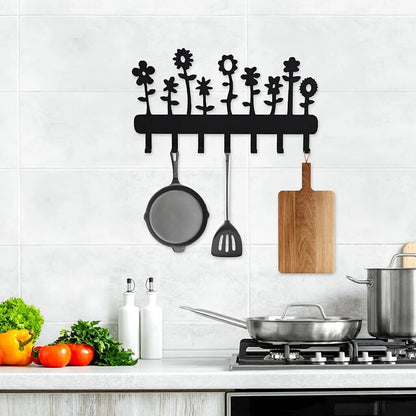 1pc Flower Metal Key Holder 7 Hooks Tulip Daisy Black Iron Wall Mounted Hooks