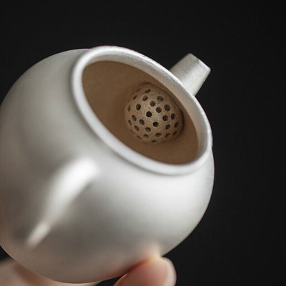 Pure Silver Tea Pot Ball Shaped Infuser Holes Sterling Silver Ceramic Pot 3.4oz