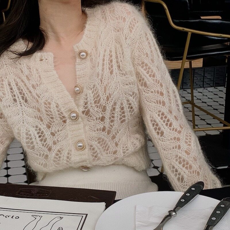 Women Sweater Autumn White Openwork Knitted Cardigan Mohair Coat Sweater