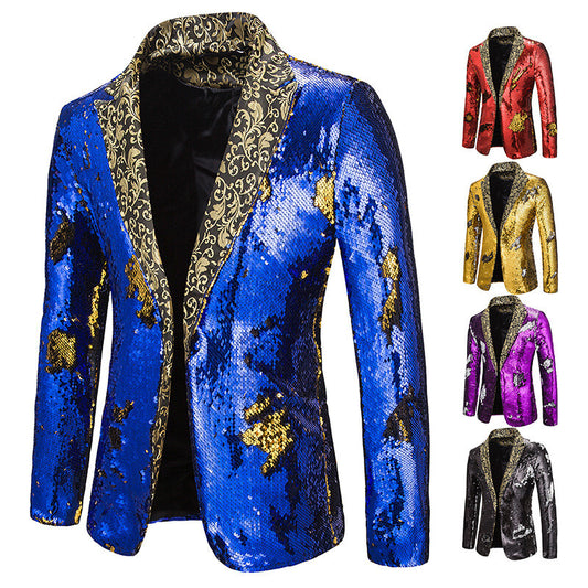 Men Floral Sequin Blazer Suit Jacket Coat One Button Party Clubwear Singer Shiny