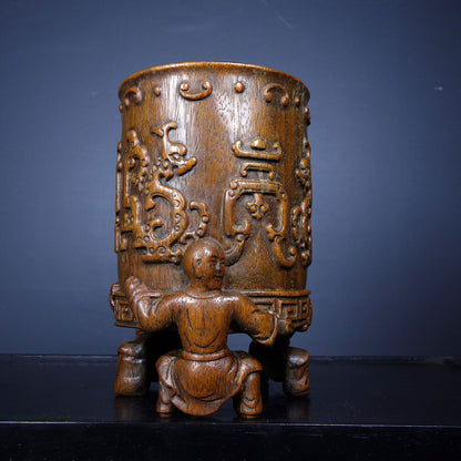 Antique Chinese Rosewood Carved Exquisite Buddha Statue Dragon Statue Brush Pot