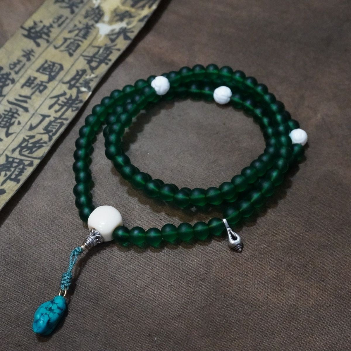 Green Tara Green Glass Mala 8mm 108 Tibetan Buddhist Prayer Beads