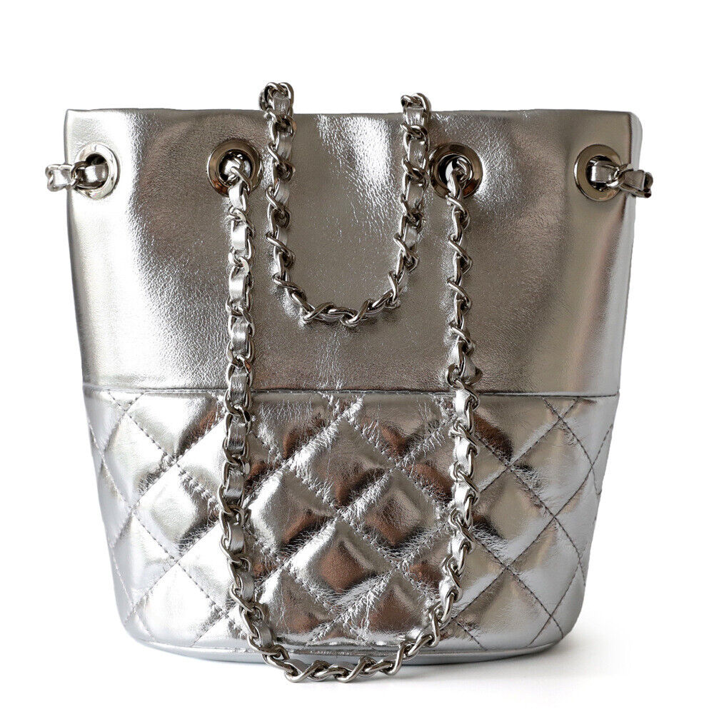 Small Mini Quilted Real Leather Bucket Tote Shoulder Bag Purse Clutch w/ Chain