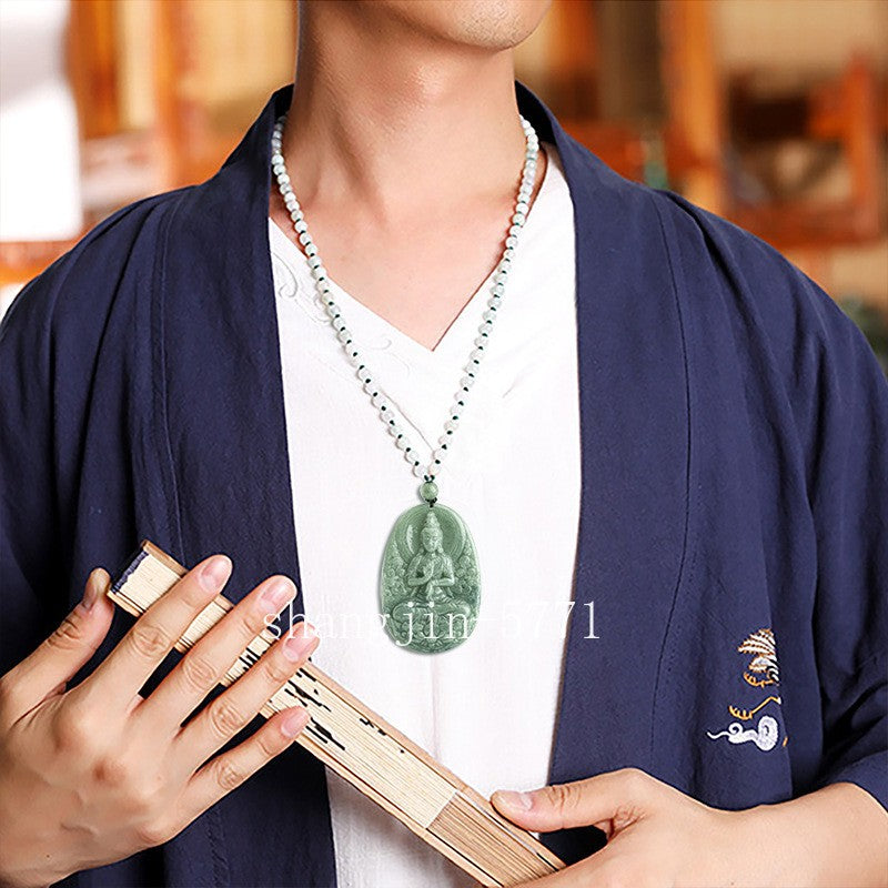Jade Baolian Guanyin Buddha Statue Pendant Hand-Carved Necklace for Women Men