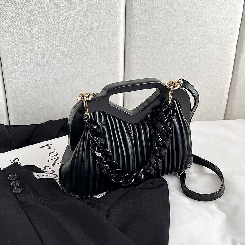 Handbag Thick Chain Handle Pleated Shoulder Bag Women Clutch Purses Crossbody