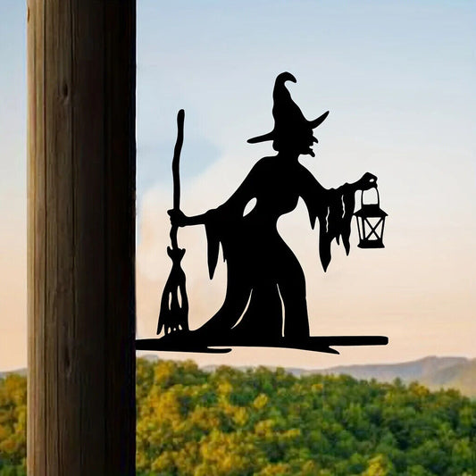 Witch Lantern On Branch Steel Silhouette Garden Yard Patio Statue Stake