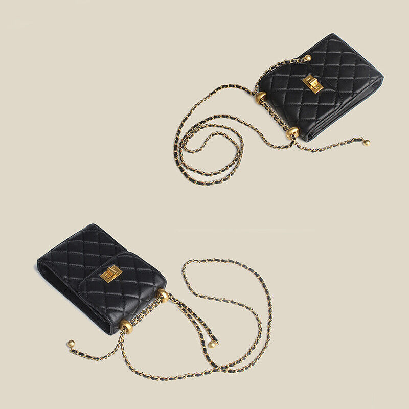 Quilted Lambskin Leather Adjustable Chain Coin Purse Phone Bag Small Flap Wallet