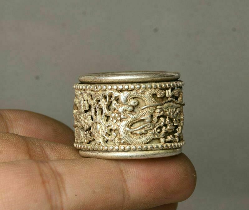 3Cm Chinese Old Miao Silver Handmade Dynasty Dragon Woman Finger Ring Statue