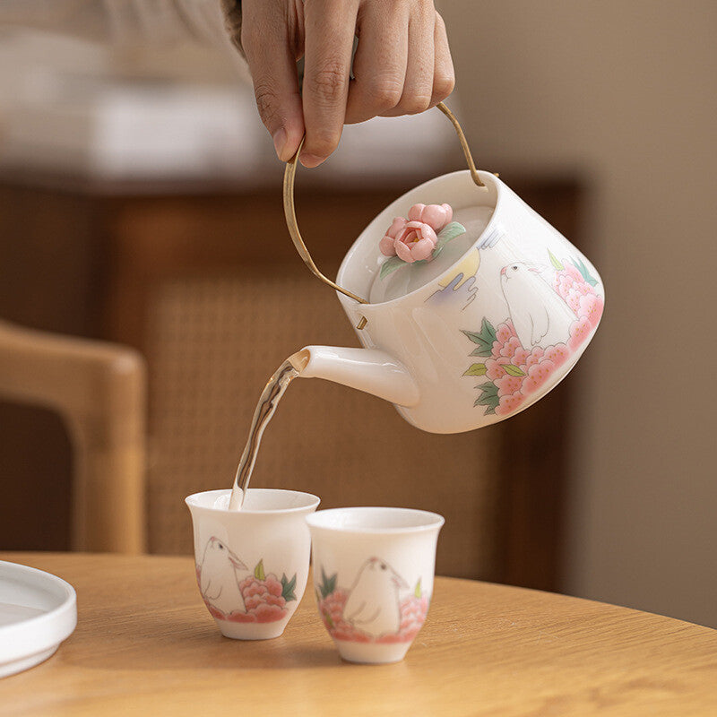 Chinese Complete Tea Set Porcelain Tea Pot With Handle Tea Cup Serving Tray New