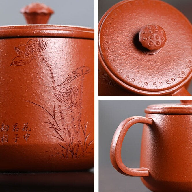 Full Handmade Tea Cup With Lid Handle Lotus Flower Carved Real Zisha Zhu Clay