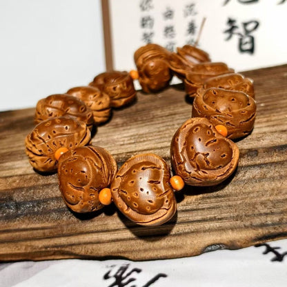 Peach Pit Carved Heart Biscuit Bracelet 22mm Unisex Handmade