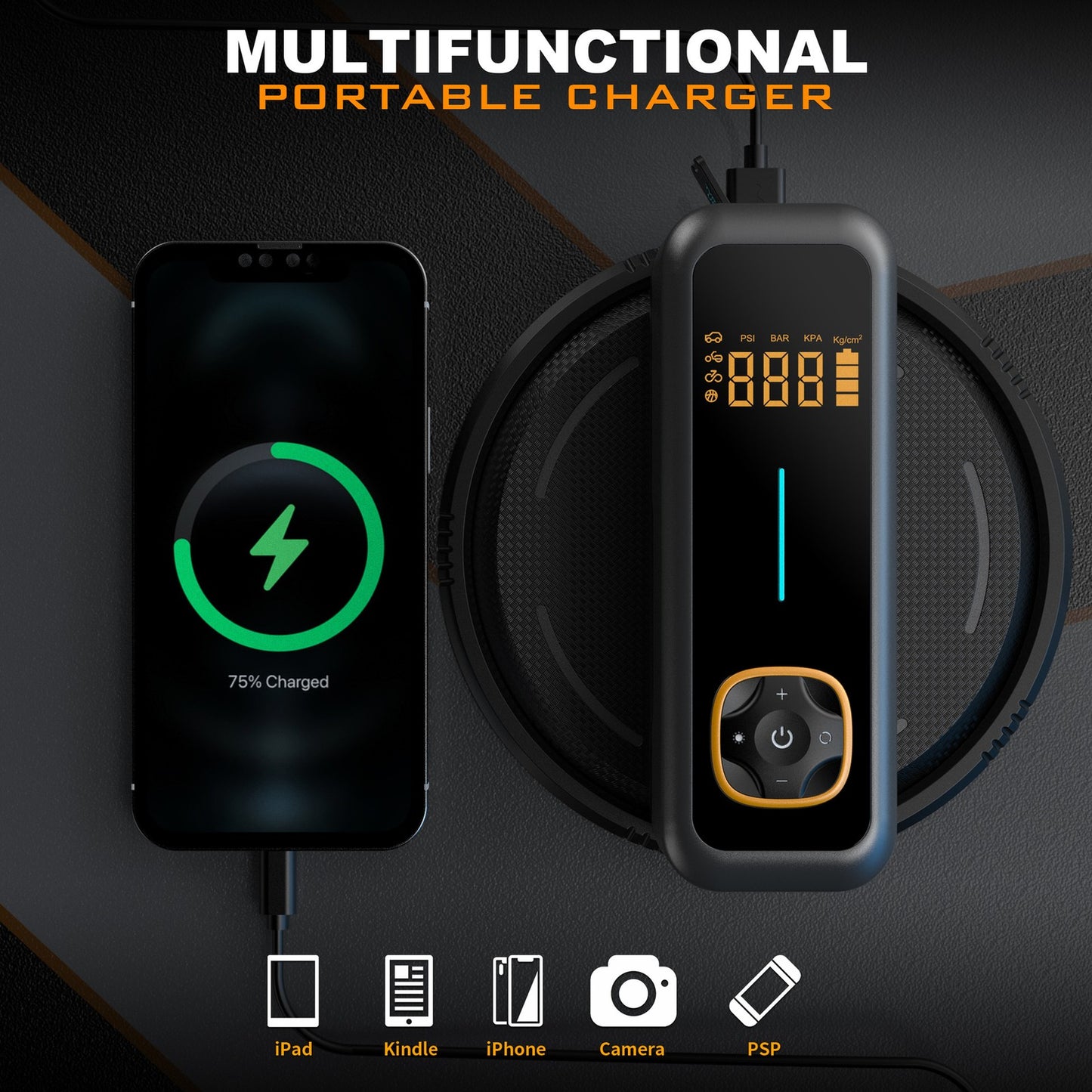 Digital display car mounted portable wireless tire inflation pump for vehicles