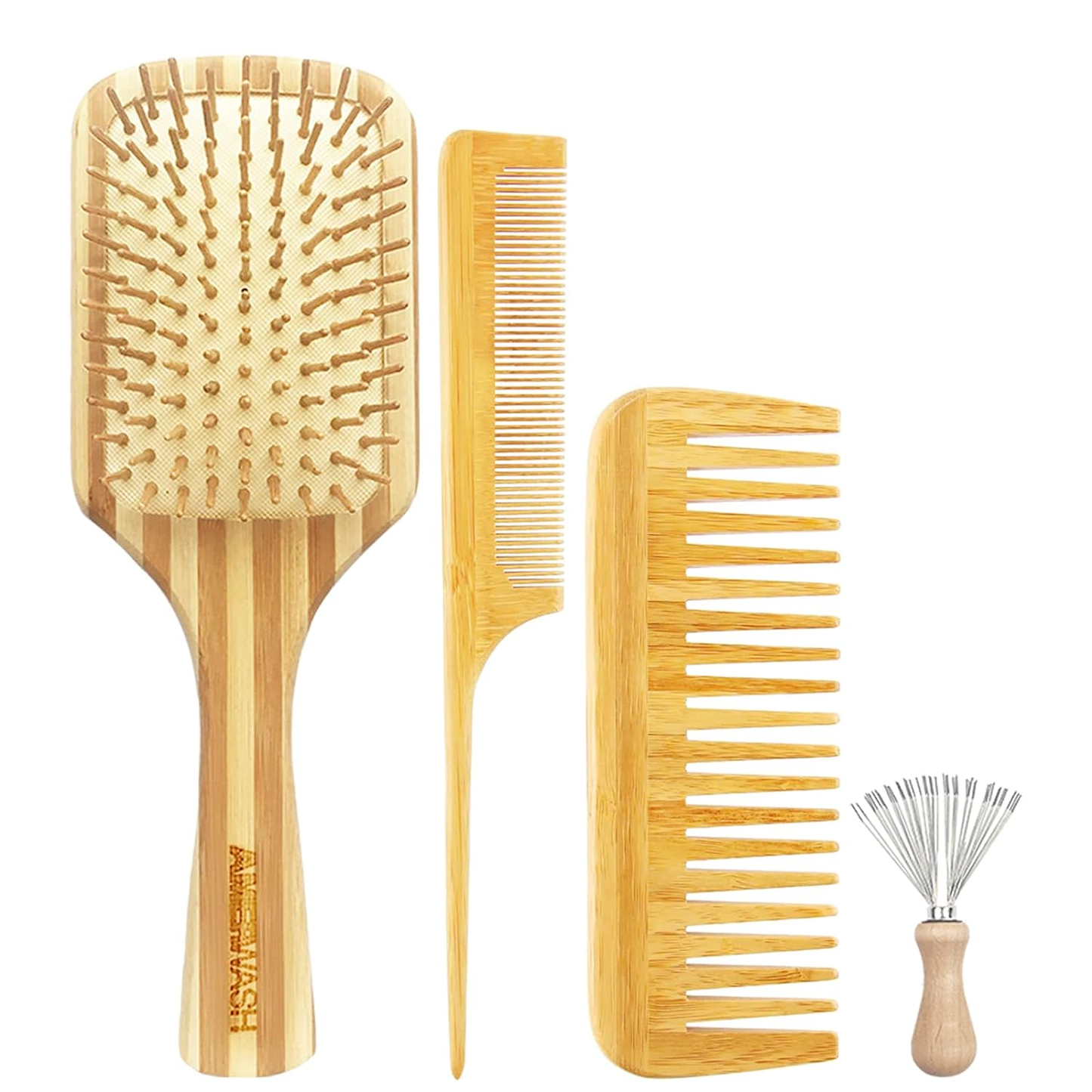 Bamboo Hair Brush Comb Set for Women Wooden Paddle Cleaning Tool Included