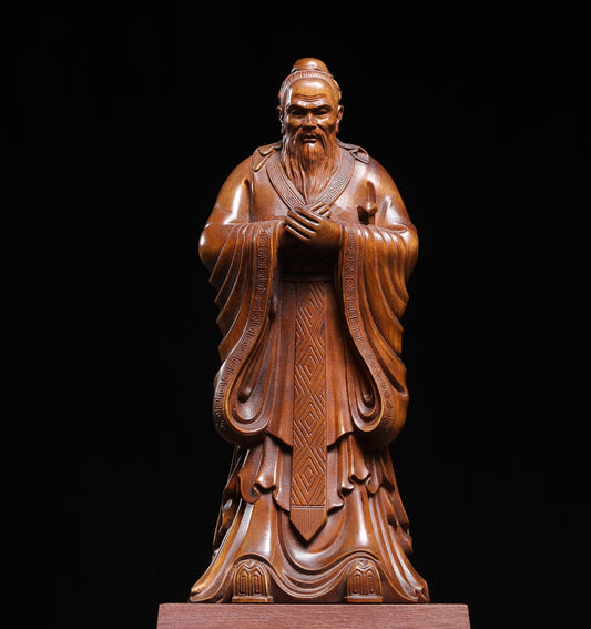 7.5" Boxwood Carved Confucius Statue Kongzi Sage Figure Philosopher Collections