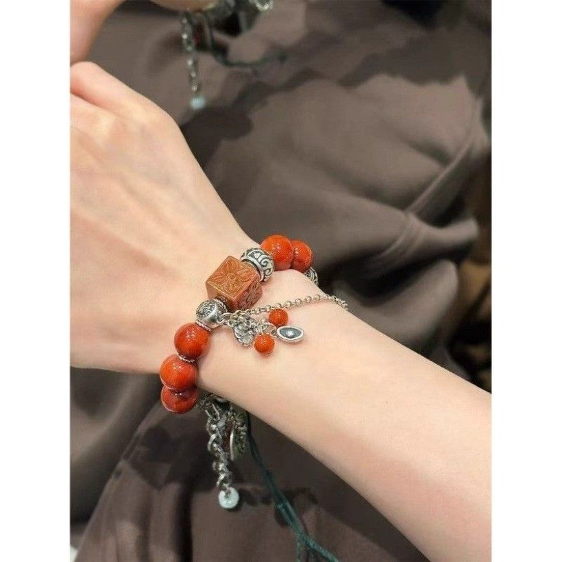 New Chinese Eight Immortals Gourd Bracelet Red Agate Fortune Bead Bangle