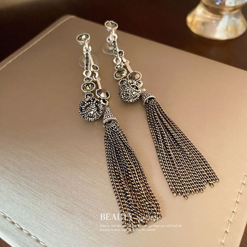 Silver-Plated Rhinestone Ball Tassel Earrings Retro Dangle