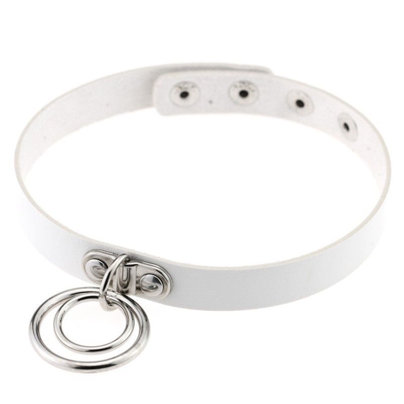 Gothic Punk White Pu Leather Spiked Rivet O-Ring Collar Stud Choker Necklace