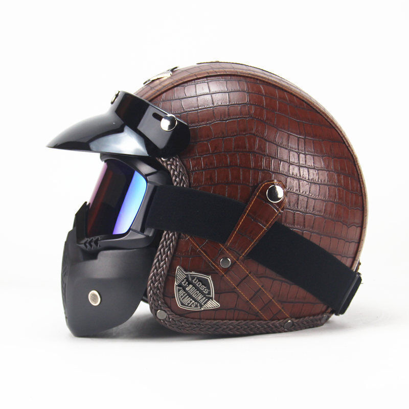 DOT Men Leather Motorcycle Half Face Helmet Goggles Mask Detachable Biker Pilot