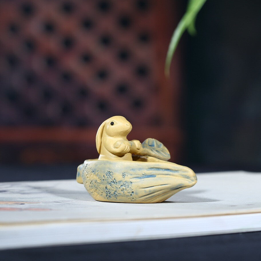Handmade Craft Artware Zisha Tea Pet Rabbit On Boat Small Size Table Decoration