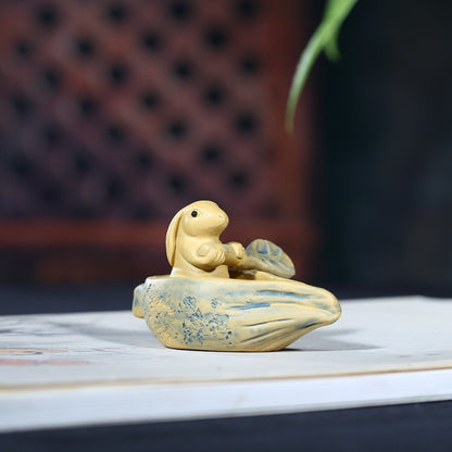 Handmade Craft Artware Zisha Tea Pet Rabbit On Boat Small Size Table Decoration