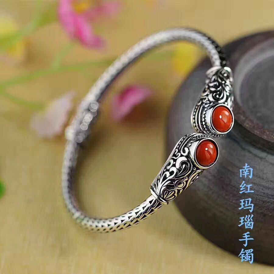 Vintage Carved Bangle Red Agate Inlay Handmade Aged Silver Jewelry