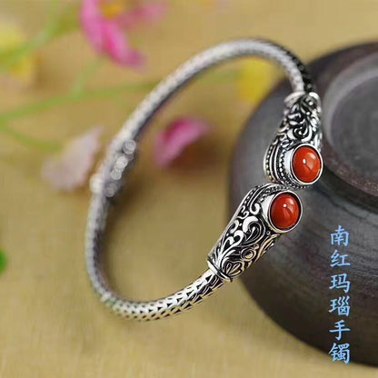 Vintage Carved Bangle Red Agate Inlay Handmade Aged Silver Jewelry