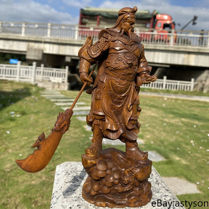 Chinese Natural Boxwood Hand Carved Exquisite Guan Yu Statue
