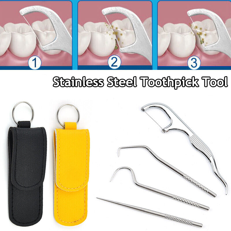 Metal Toothpick Floss With Storage Bag Stainless Steel Teeth Cleaning Oral Care*