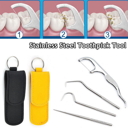 Metal Toothpick Floss With Storage Bag Stainless Steel Teeth Cleaning Oral Care*