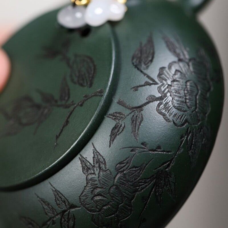 Full Handmade Tea Pot Floral Carved Real Yixing Zisha Green Clay Master Pot New