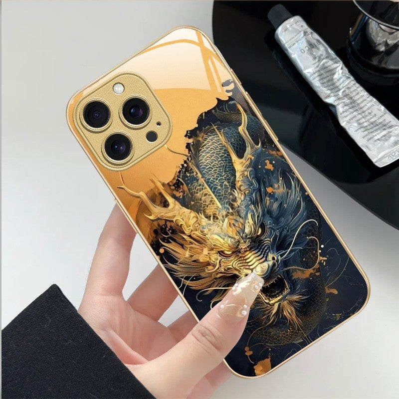 For iPhone 17 Pro Max/16/15 Plus/14 Metal Glass Painted Dragon Shockproof Case
