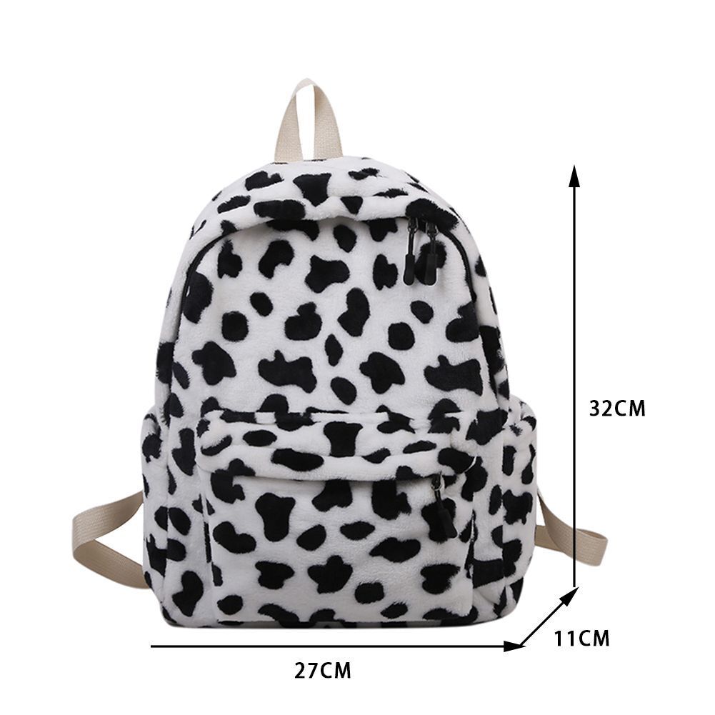 Warm Plush Backpack Teenager School Bag Fashion Cow Print Multipocket Travel Bag